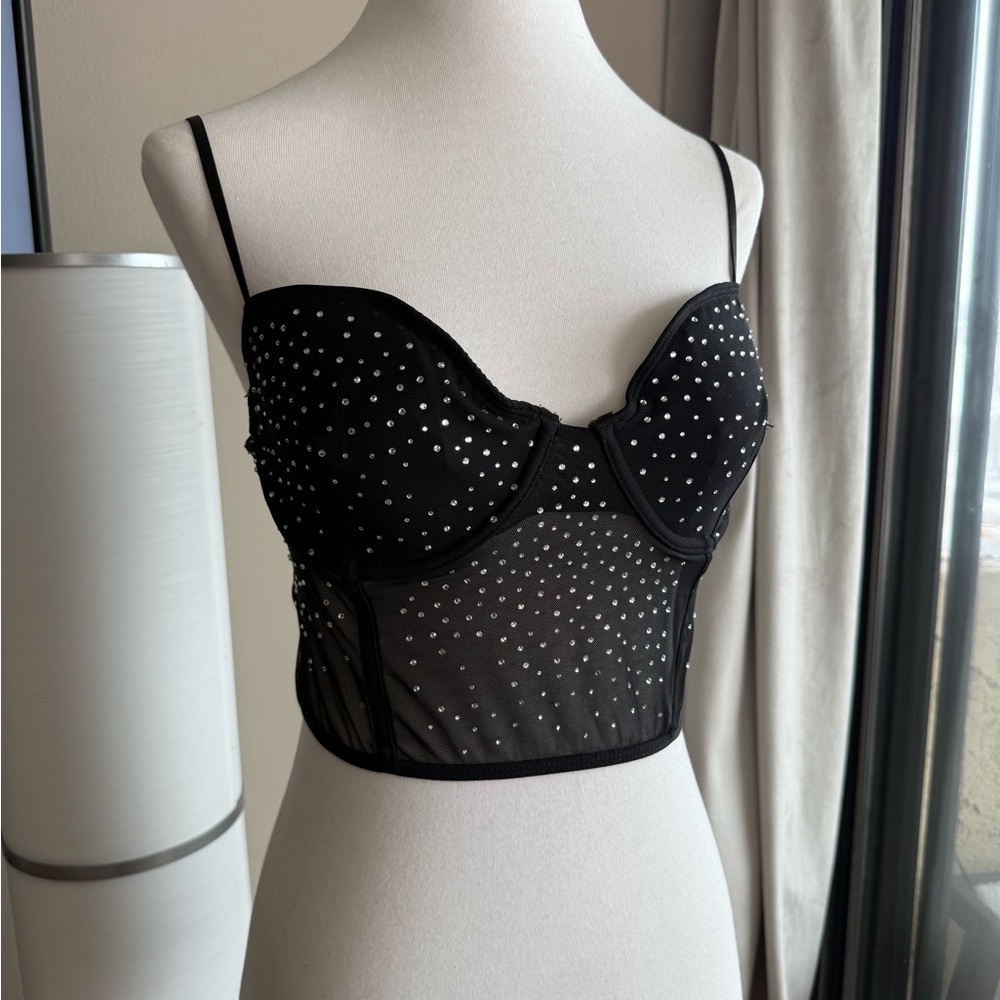 Black Embellished Sheer Bustier Crop Top - Women Intimates